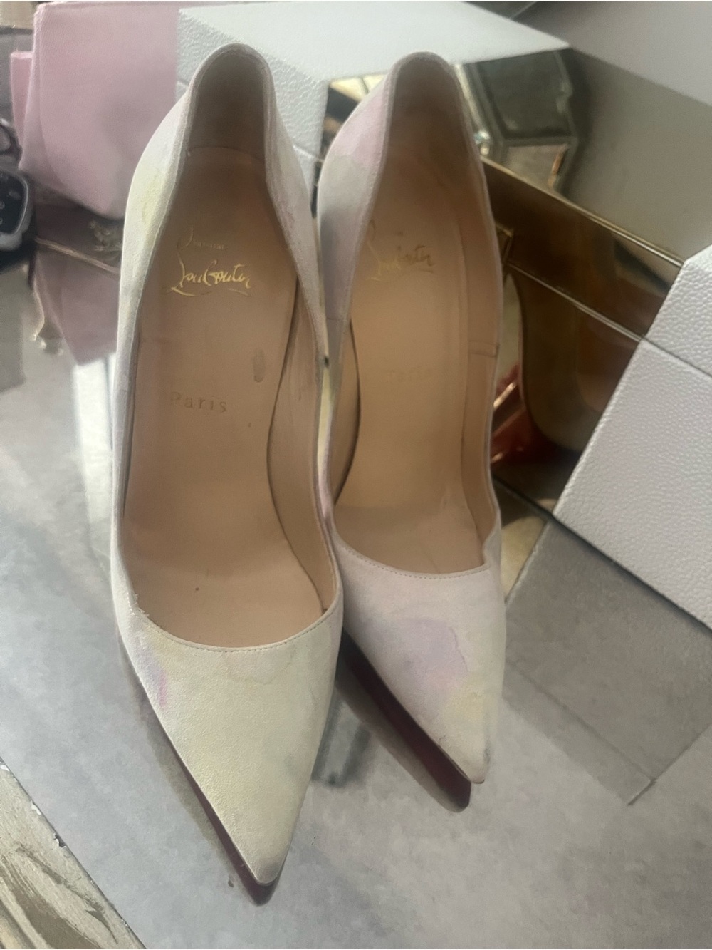 Christian Louboutin Red-Soled Pointed Toe Stiletto Heels with Pastel Upper - Picture 2 of 6